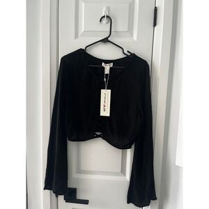 HM Loves Coachella Black‎ Lace Up Front Cropped Bell Sleeve Boho Top US 10 NWT